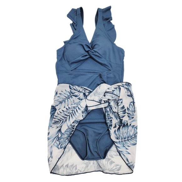 Blue Ruffle One-Piece Swimsuit With Tropical Sarong Wrap For Girls Size 15-16Y - Picture 5 of 6